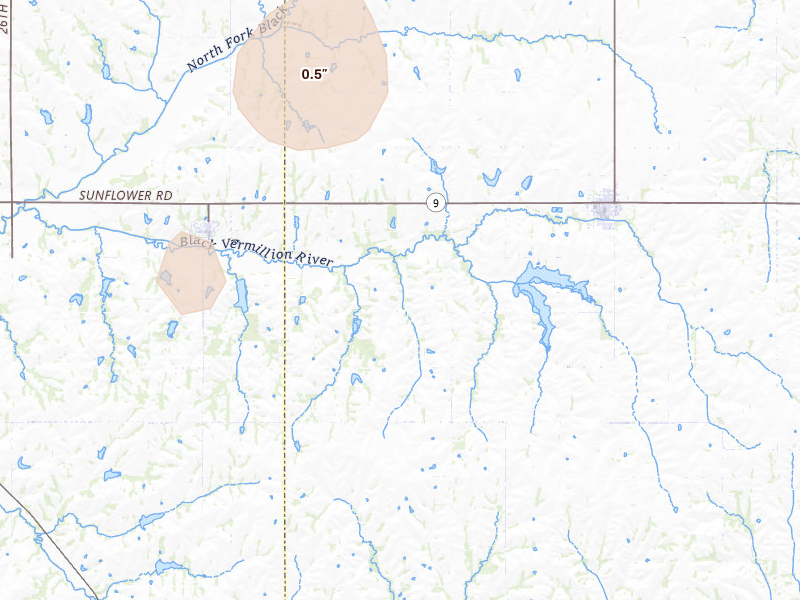 Radar-estimated hail-size map of the storm over Centralia, KS on Mar 5, 2026