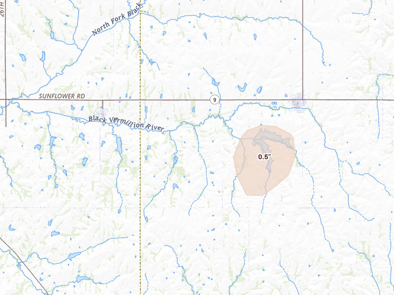 Radar-estimated hail-size map of the storm over Centralia, KS on May 16, 2026