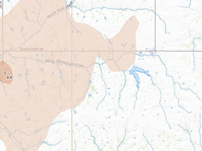 Radar-estimated hail-size map of the storm over Centralia, KS on May 17, 2026