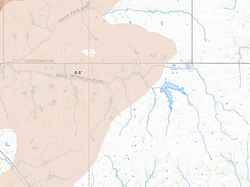 Radar-estimated hail-size map of the storm over Centralia, KS on May 18, 2026
