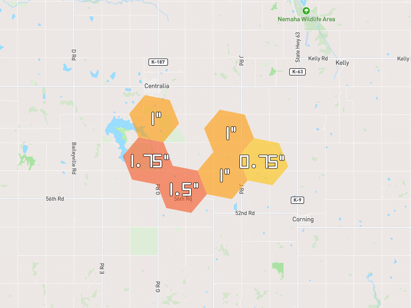Hail map of Centralia, KS on Jun 5, 2026, hail up to 1.75"