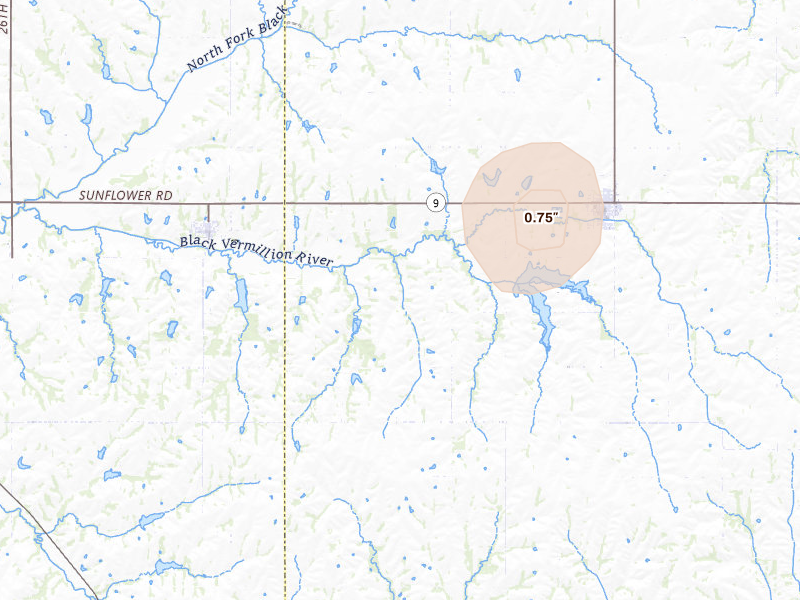 Radar-estimated hail-size map of the storm over Centralia, KS on Jul 3, 2026