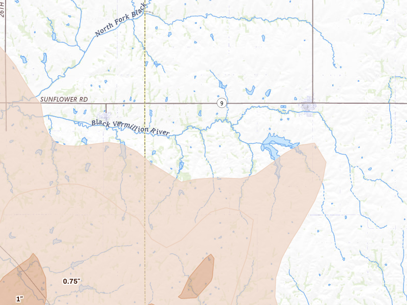 Radar-estimated hail-size map of the storm over Centralia, KS on Jul 8, 2026