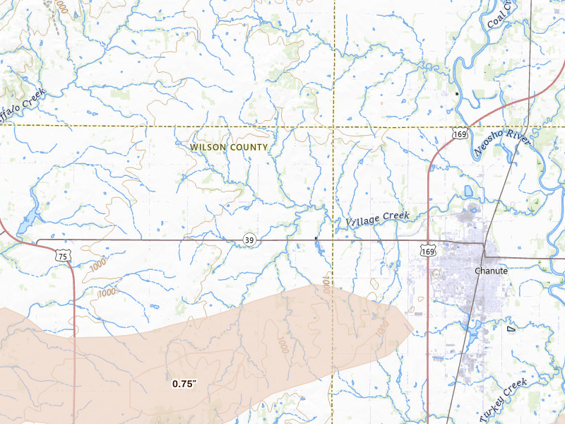Radar-estimated hail-size map of the storm over Chanute, KS on Mar 31, 2026