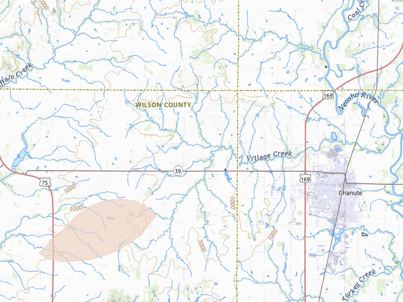 Radar-estimated hail-size map of the storm over Chanute, KS on Apr 27, 2026