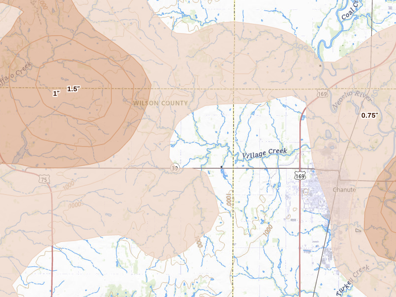 Radar-estimated hail-size map of the storm over Chanute, KS on May 30, 2026