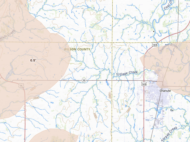 Radar-estimated hail-size map of the storm over Chanute, KS on May 31, 2026