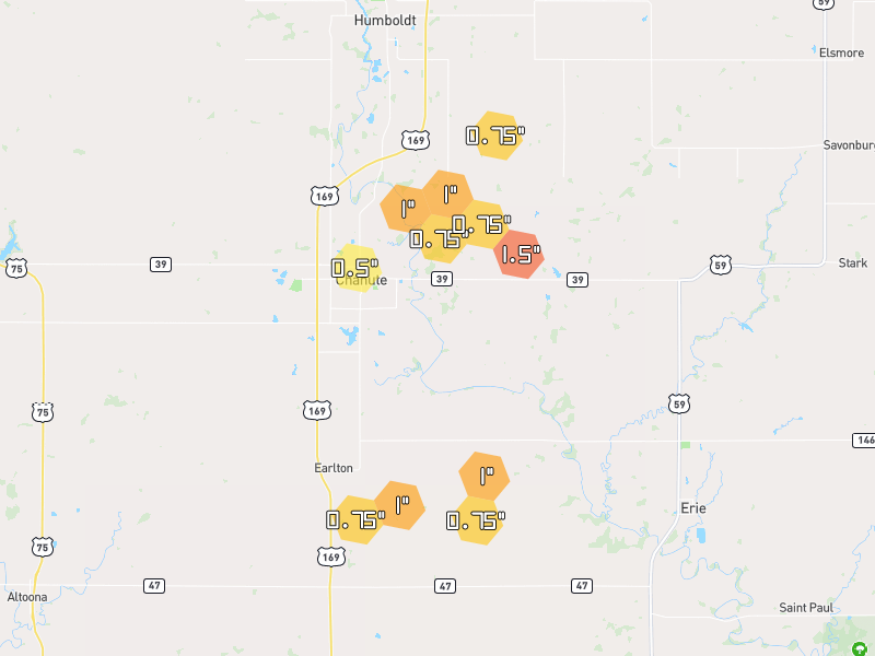 Hail map of Chanute, KS on Jun 1, 2026, hail up to 1.5"