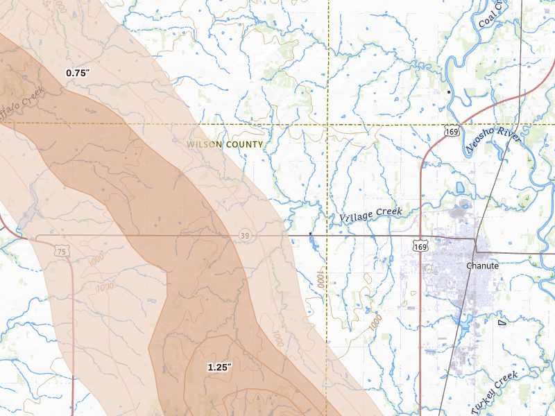 Radar-estimated hail-size map of the storm over Chanute, KS on Jun 16, 2026