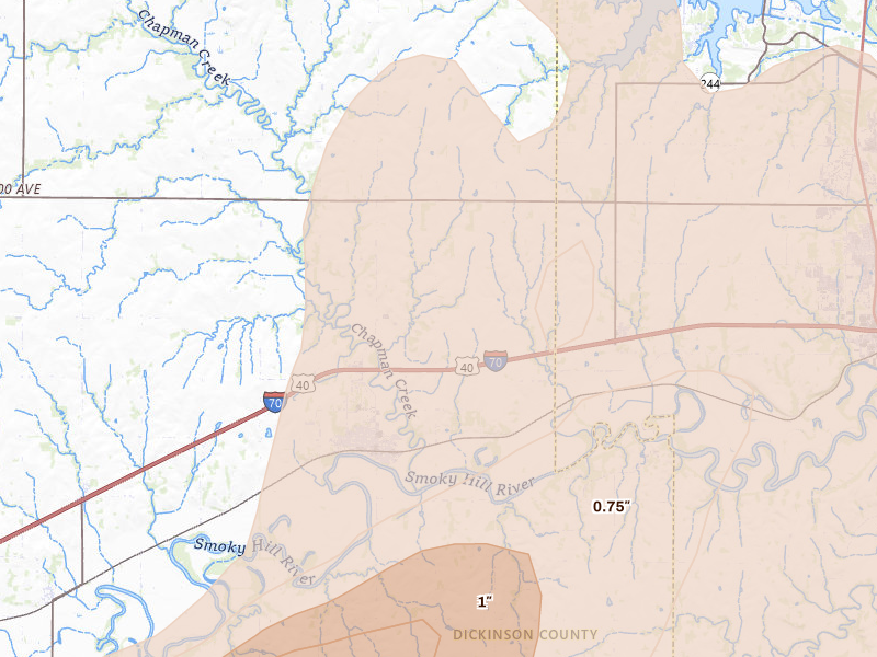 Radar-estimated hail-size map of the storm over Chapman, KS on Apr 26, 2026