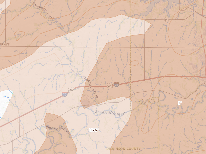 Radar-estimated hail-size map of the storm over Chapman, KS on May 18, 2026