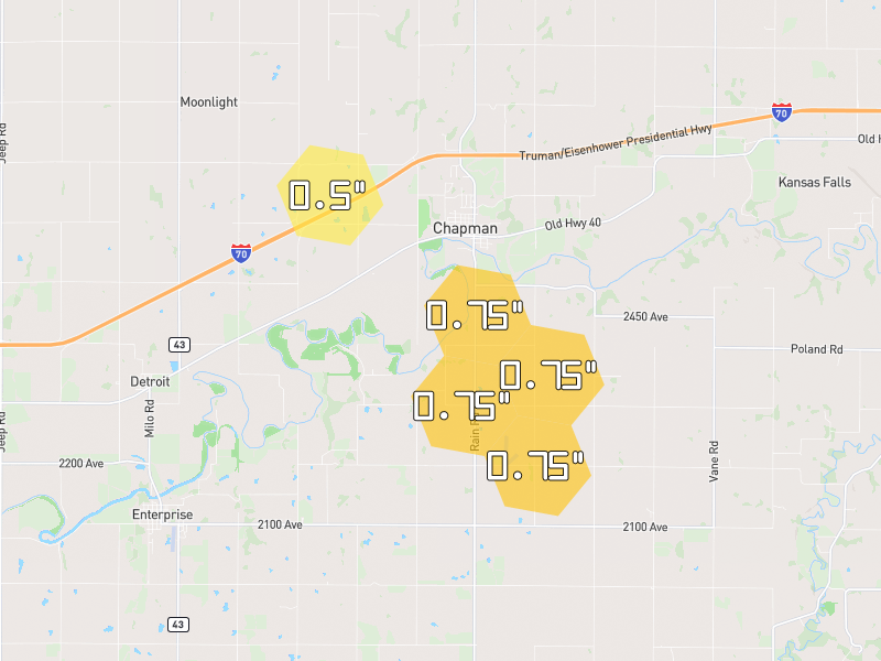 Hail map of Chapman, KS on Jun 9, 2026, hail up to 0.75"