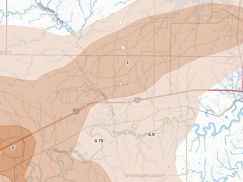 Radar-estimated hail-size map of the storm over Chapman, KS on Jun 10, 2026
