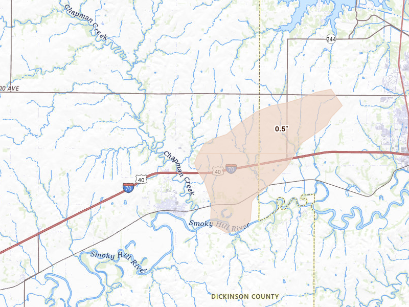 Radar-estimated hail-size map of the storm over Chapman, KS on Jul 3, 2026