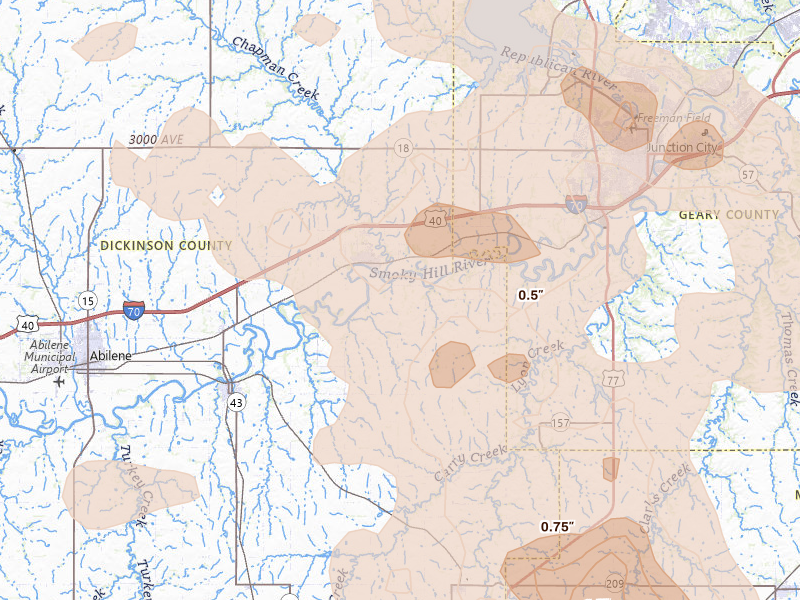 Radar-estimated hail-size map of the storm over Chapman, KS on Aug 6, 2026