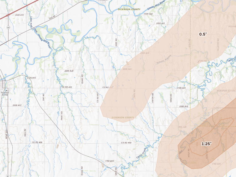 Radar-estimated hail-size map of the storm over Chapman, KS on Sep 19, 2026