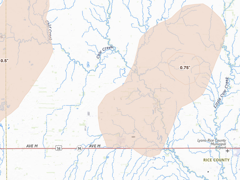 Radar-estimated hail-size map of the storm over Chase, KS on May 29, 2026