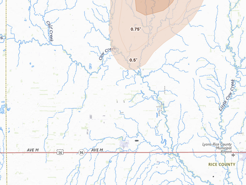 Radar-estimated hail-size map of the storm over Chase, KS on May 30, 2026