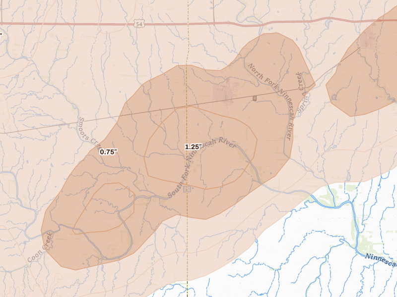 Radar-estimated hail-size map of the storm over Cheney, KS on Mar 10, 2026