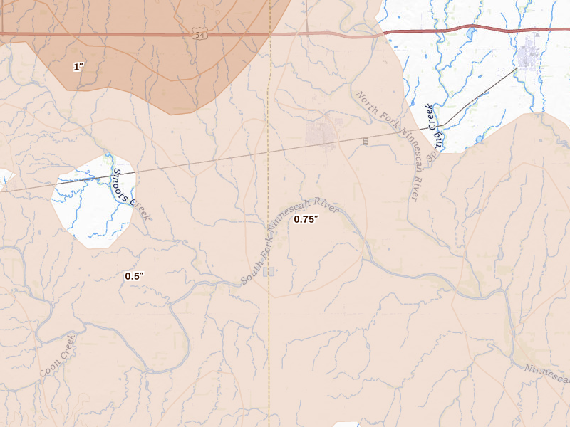 Radar-estimated hail-size map of the storm over Cheney, KS on May 30, 2026