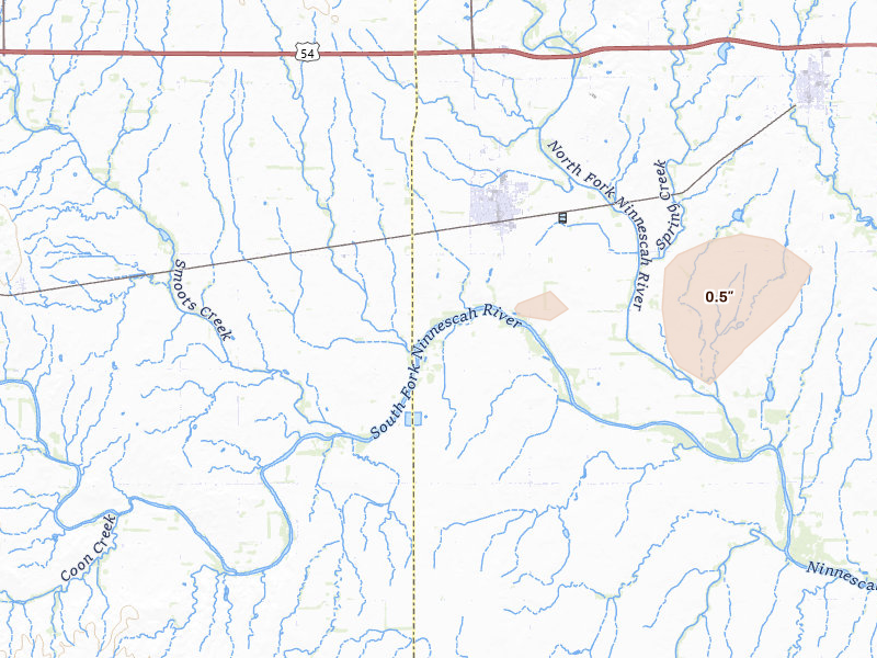 Radar-estimated hail-size map of the storm over Cheney, KS on Jun 16, 2026