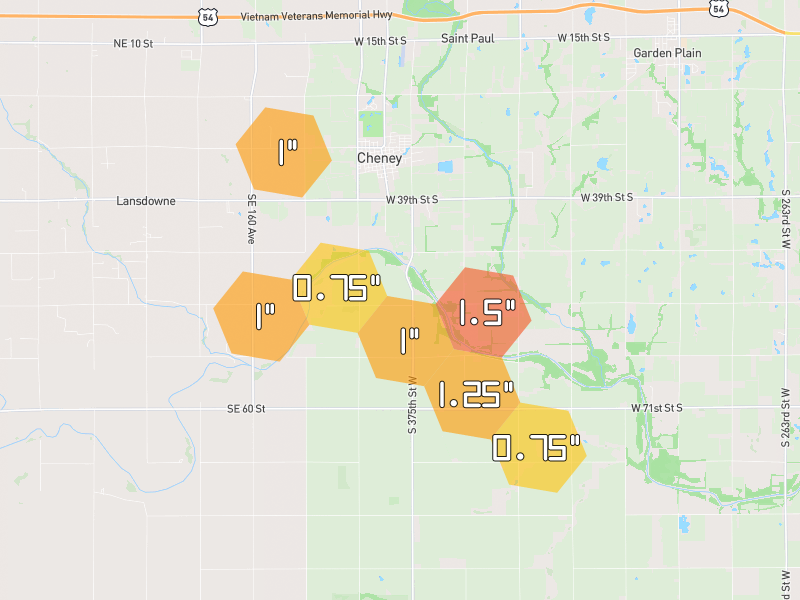 Hail map of Cheney, KS on Jun 26, 2026, hail up to 1.5"
