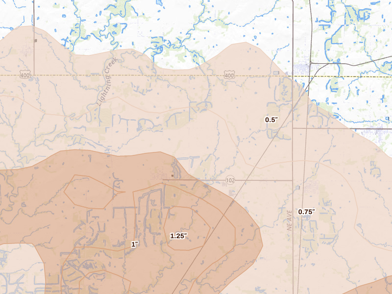 Radar-estimated hail-size map of the storm over Cherokee, KS on Apr 26, 2026
