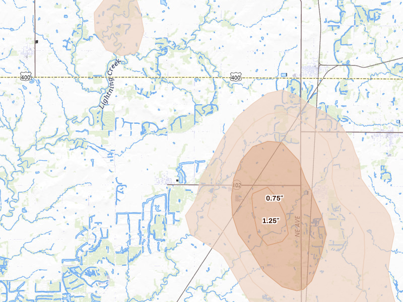Radar-estimated hail-size map of the storm over Cherokee, KS on Jun 16, 2026