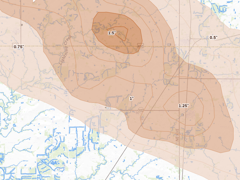 Radar-estimated hail-size map of the storm over Cherokee, KS on Jun 25, 2026