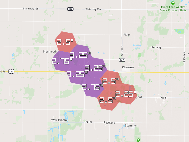 Hail map of Cherokee, KS on Jun 26, 2026, hail up to 3.25"