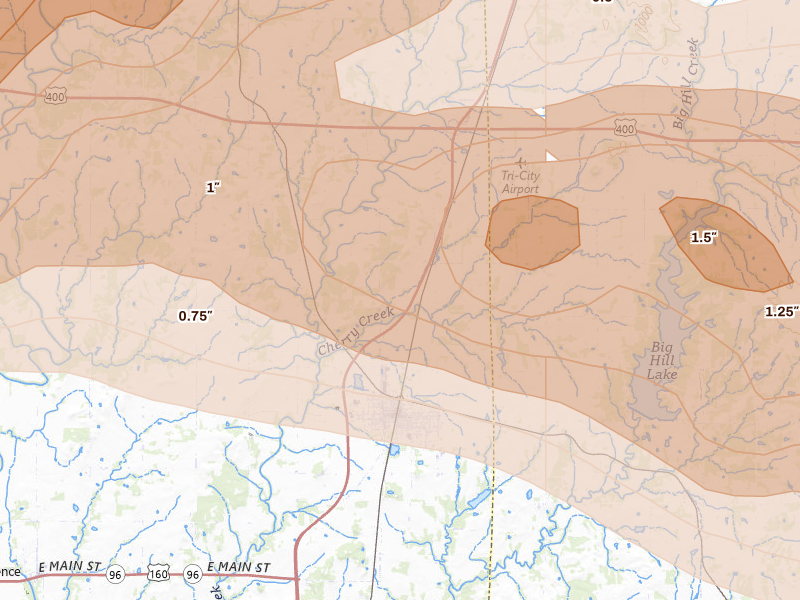 Radar-estimated hail-size map of the storm over Cherryvale, KS on Apr 26, 2026
