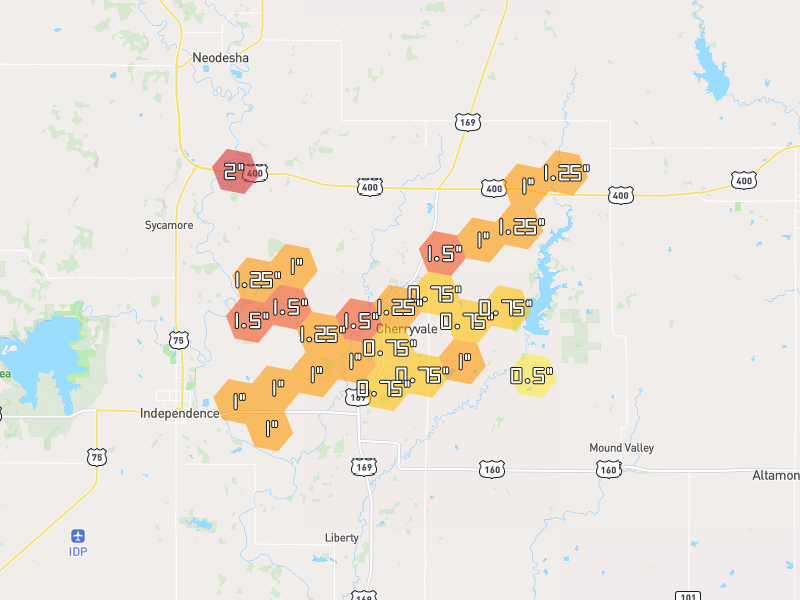 Hail map of Cherryvale, KS on Jun 1, 2026, hail up to 2"