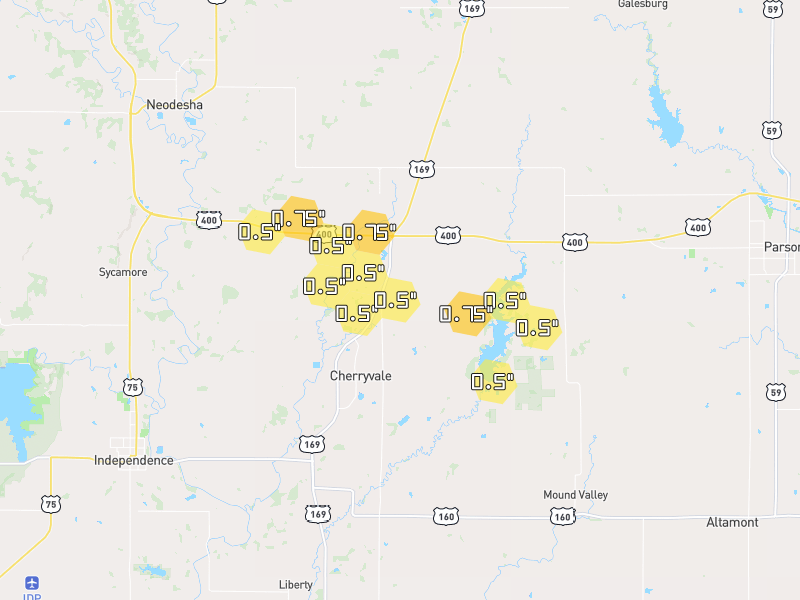 Hail map of Cherryvale, KS on Jun 9, 2026, hail up to 0.75"