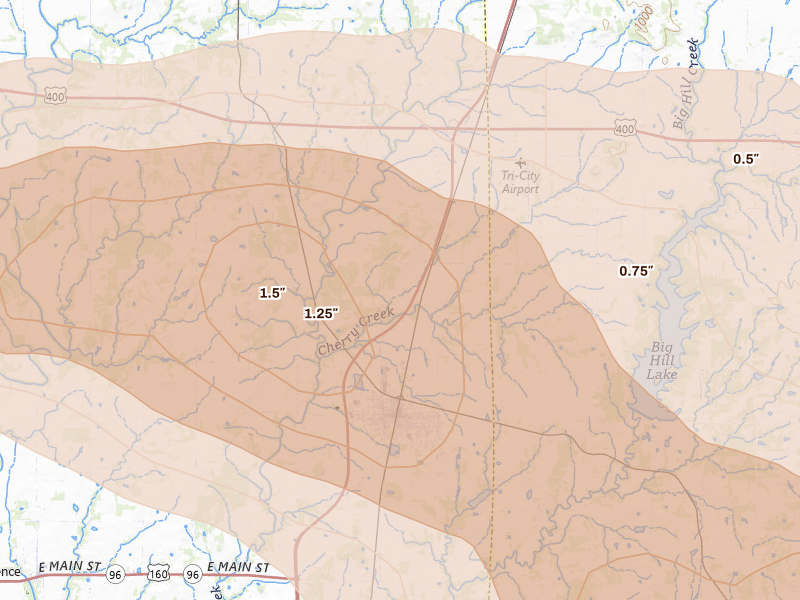 Radar-estimated hail-size map of the storm over Cherryvale, KS on Jun 11, 2026