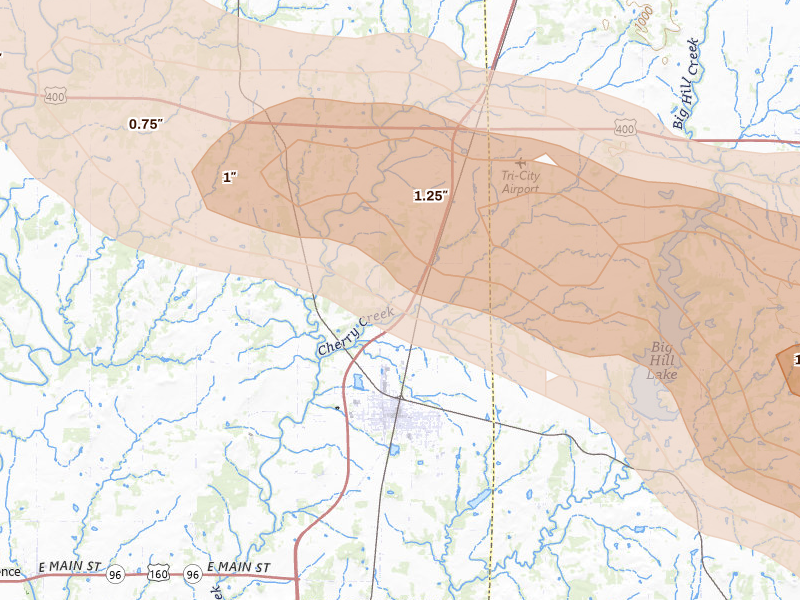Radar-estimated hail-size map of the storm over Cherryvale, KS on Jun 25, 2026
