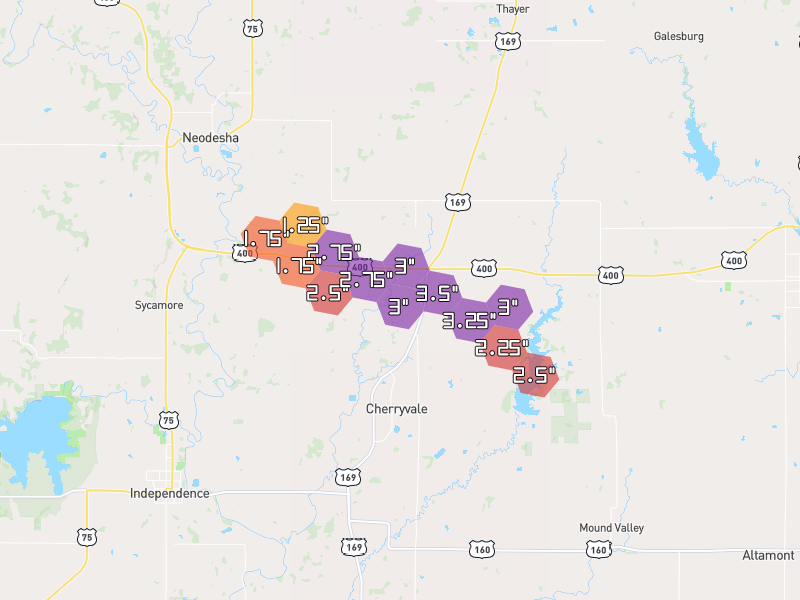 Hail map of Cherryvale, KS on Jun 26, 2026, hail up to 3.5"