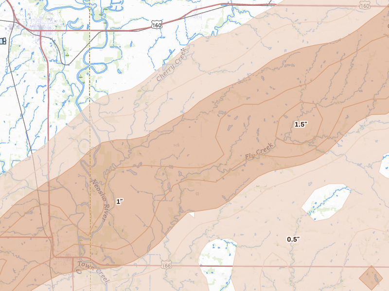 Radar-estimated hail-size map of the storm over Chetopa, KS on Apr 15, 2026