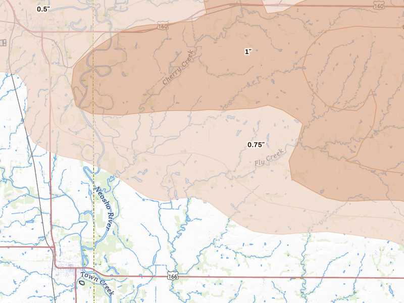 Radar-estimated hail-size map of the storm over Chetopa, KS on Apr 26, 2026
