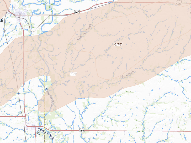 Radar-estimated hail-size map of the storm over Chetopa, KS on Apr 28, 2026