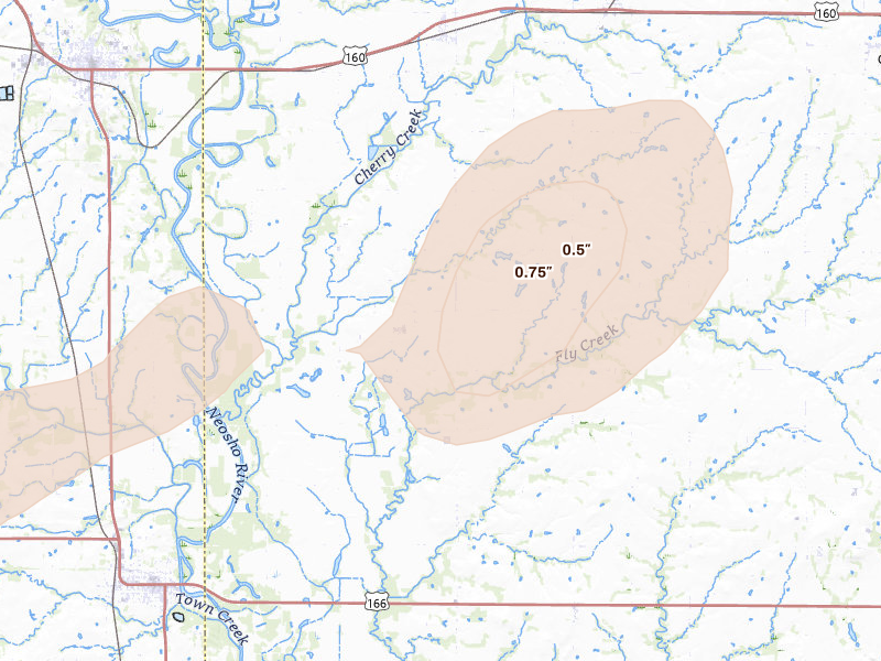 Radar-estimated hail-size map of the storm over Chetopa, KS on May 30, 2026