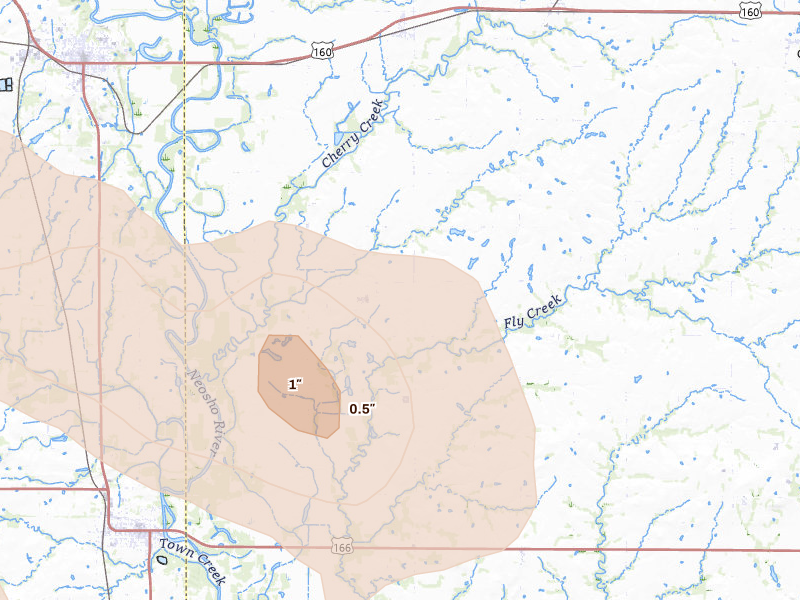 Radar-estimated hail-size map of the storm over Chetopa, KS on Jun 7, 2026