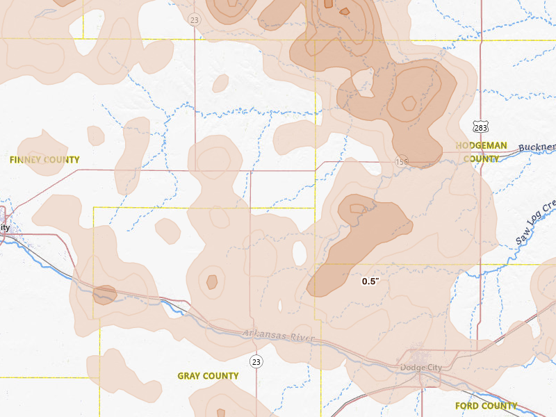 Radar-estimated hail-size map of the storm over Cimarron, KS on Jun 1, 2026