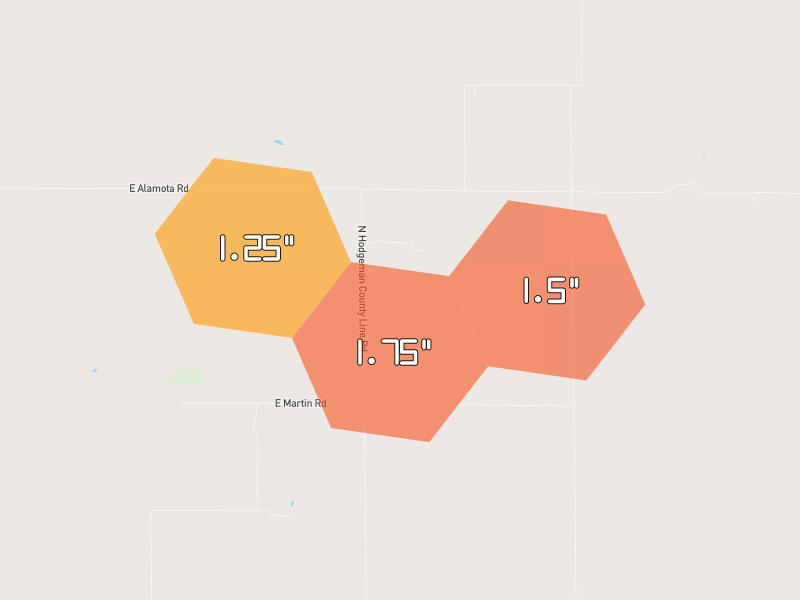 Hail map of Cimarron, KS on Jun 1, 2026, hail up to 1.75"