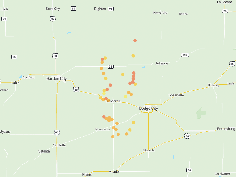 Hail map of Cimarron, KS on Jun 2, 2026, hail up to 1.75"