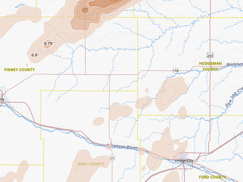 Radar-estimated hail-size map of the storm over Cimarron, KS on Jun 9, 2026