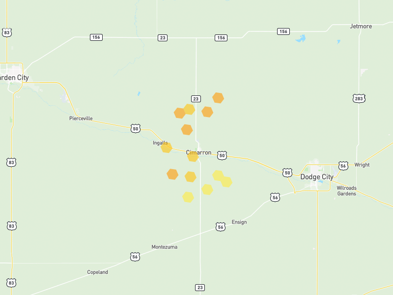 Hail map of Cimarron, KS on Jun 9, 2026, hail up to 1.25"