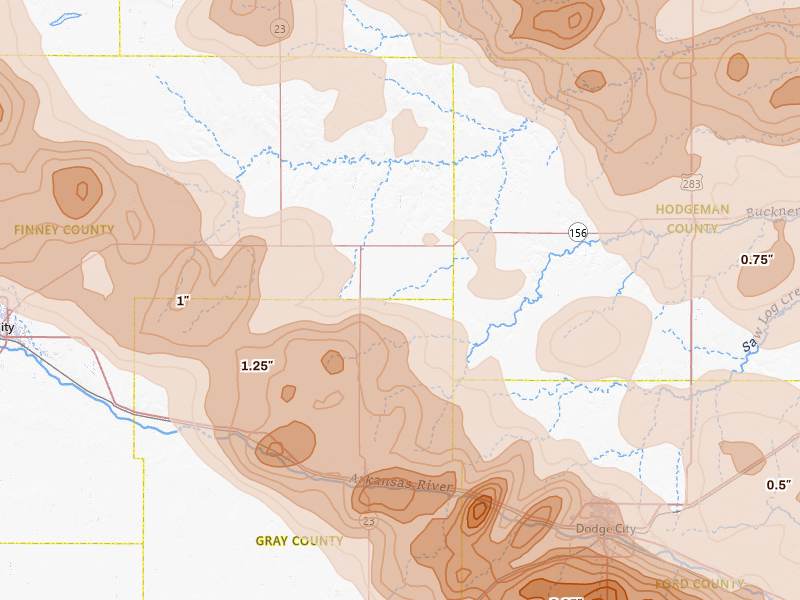 Radar-estimated hail-size map of the storm over Cimarron, KS on Jun 20, 2026