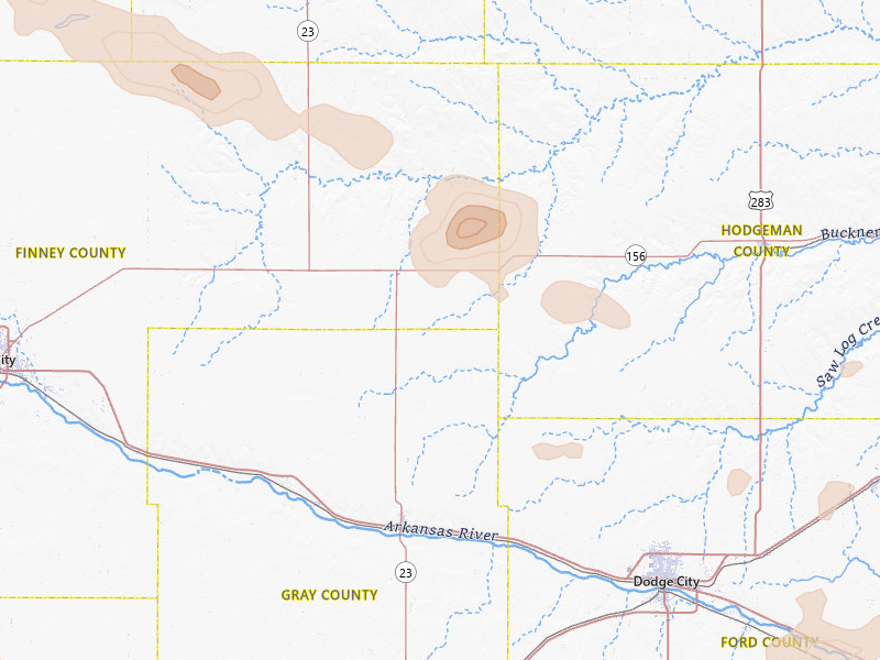 Radar-estimated hail-size map of the storm over Cimarron, KS on Jun 23, 2026