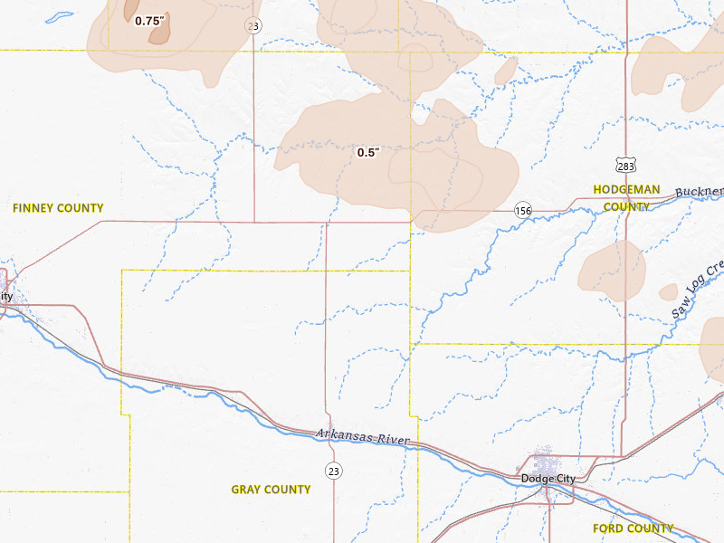 Radar-estimated hail-size map of the storm over Cimarron, KS on Jun 25, 2026