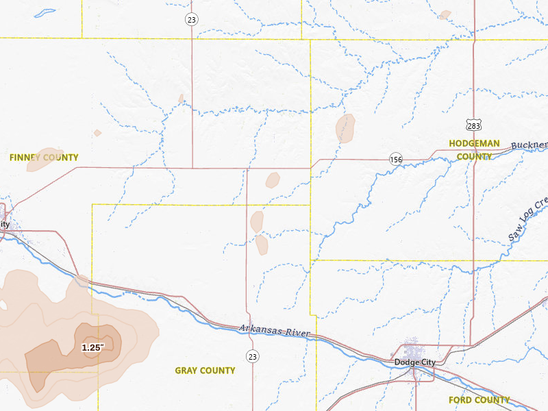 Radar-estimated hail-size map of the storm over Cimarron, KS on Jul 2, 2026
